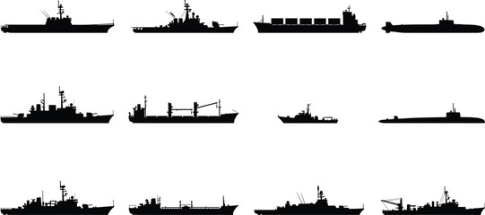 Naval and cargo ship silhouettes set military warship submarine destroyer container vessel maritime fleet ocean transport isolated vector black defense shipping illustration collection © Hello World