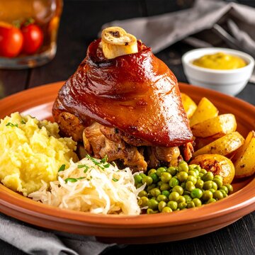 Eisbein or Prussian pork knuckle or ham hock is a traditional German plate served with sauerkraut, (fermented cabbage), mushy peas, mashed potatoes, roasted or boiled potatoes and mustard and a beer.