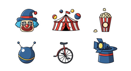 Cartoon style icons for circus, carnival, and fun entertainment. © Anis