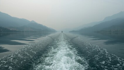 Naklejka premium Cutting stern wake of boat bisecting calm mountain lake, showing distant ferry on horizon
