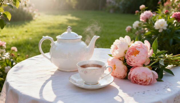 Elegant outdoor tea party with a steaming teapot, delicate teacup, and a beautiful bouquet of fresh pink peonies on a white tablecloth in a sunny garden setting