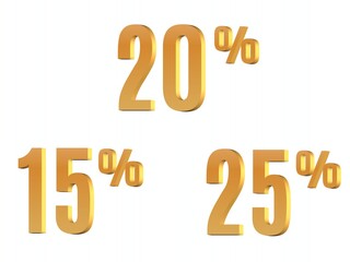 Premium gold 3D percentage sign collection of 15%, 20%, and 25% isolated