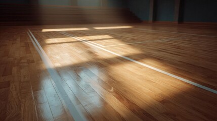 Empty wooden floor in a gymnasium. the floor is made of light-colored wood planks and has a smooth surface.