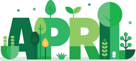 April lettering with plants isolated on transparent background, Vector, illustration