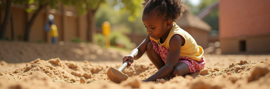 Child playing in sandy playground with shovel, focused on digging and enjoying warm outdoor fun while creating in the sand.
