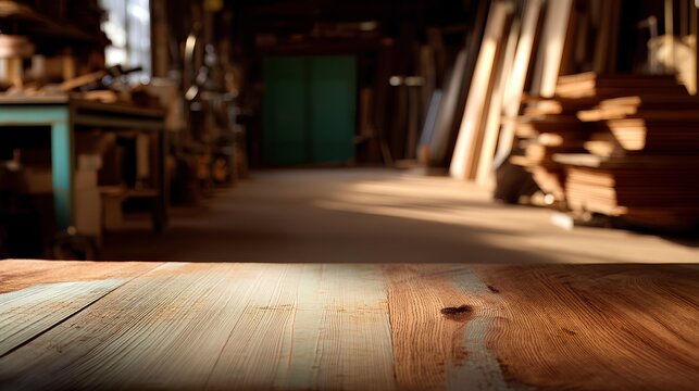 Workshop: The image captures a workshop scene. The wooden table in the foreground adds depth, with the tools and materials in the background hinting at craftsmanship and hard work.