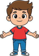 Obraz premium Cute cartoon vector illustration of a friendly young boy standing with open arms in a welcoming gesture, wearing a red t-shirt and blue jeans, isolated on a white background.