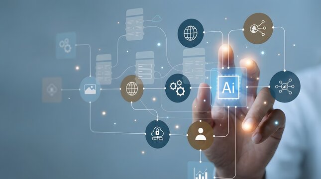 Hand touching futuristic AI technology interface with digital business icons and holographic network