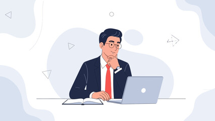 Businessman thinking with laptop, working, planning, decision making