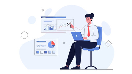 Fototapeta premium Businesswoman analyzing data charts on laptop and screen, modern flat design