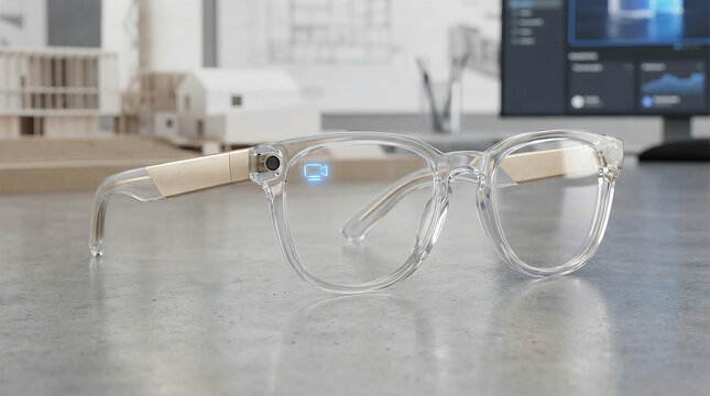 A pair of transparent smart glasses with beige temples featuring a built‑in sensor, placed on a gray surface in a design workspace.
