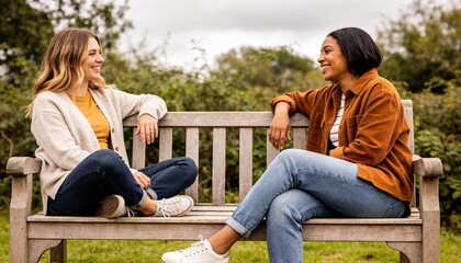 Naklejka premium Talking two women sitting facing each other on wooden park bench in park, wearing cardigan corduroy