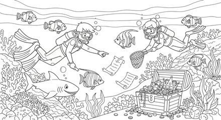 Fototapeta premium Scuba Divers Exploring Underwater Scene with Fish.