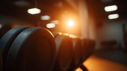 A close up view of a row of dumbbells in a gym with dramatic warm lighting