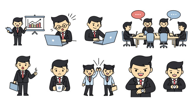 Cartoon Businessman in Various Office Scenes.