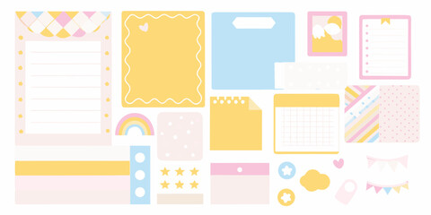 Colorful stationery collection featuring notepads stickers and decorative paper elements