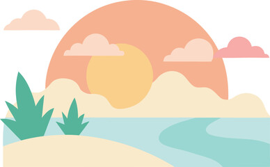 Sunset over a calm lake with plants isolated on transparent background, Vector, illustration