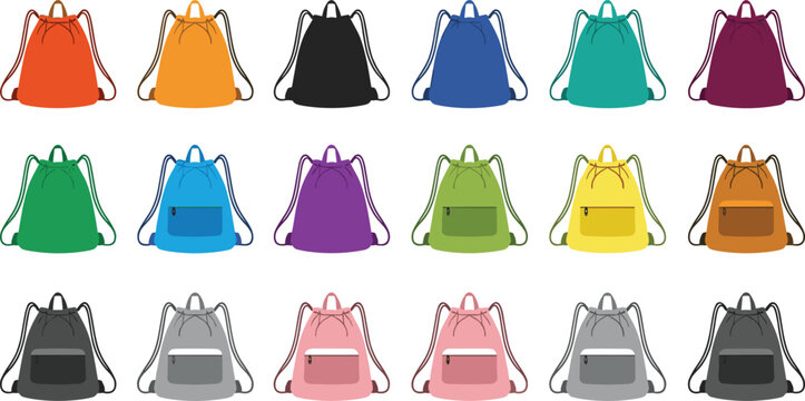 Drawstring Backpack Icon Set Featuring Colorful Gym Bags and Lightweight Sport Rucksacks for School, Travel, Fitness, and Vector Design