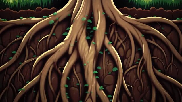 Tree Roots Spreading Deeply Into Soil with Leaves in Forest Setting