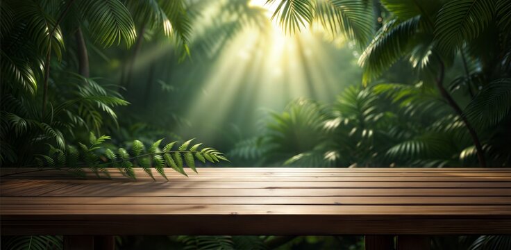 A Serene and Beautiful Forest Scene Featuring Soft Sunlight and an Elegant Wooden Table