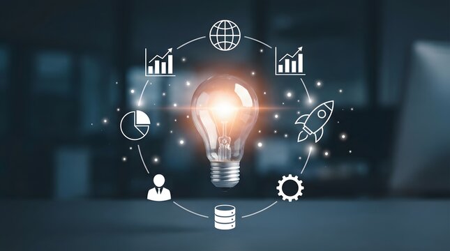 Innovation and technology concept with glowing lightbulb and global business icons on dark background