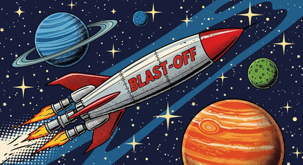 Vintage Style Cartoon Rocket Ship in Space. © loxia stock image