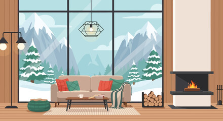Cozy living room with a fireplace and large windows overlooking a snowy mountain landscape with pine trees.