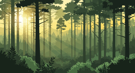 Sunlight streams through a dense forest canopy, illuminating mist and lush green undergrowth.