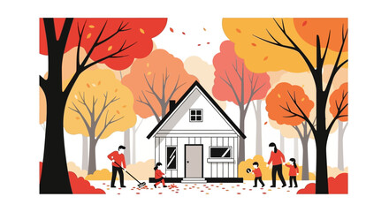 A family rakes leaves in the yard of their cozy house during the vibrant autumn season.