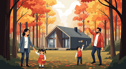 A happy family enjoys a beautiful autumn day outside their modern home surrounded by colorful trees.