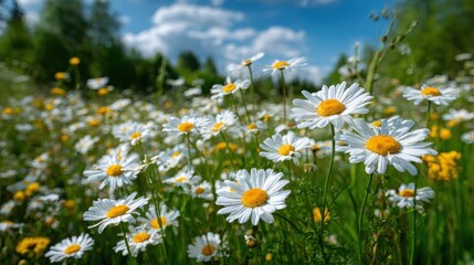Bright Wildflowers Blooming Under Clear Blue Sky in Spring Landscape