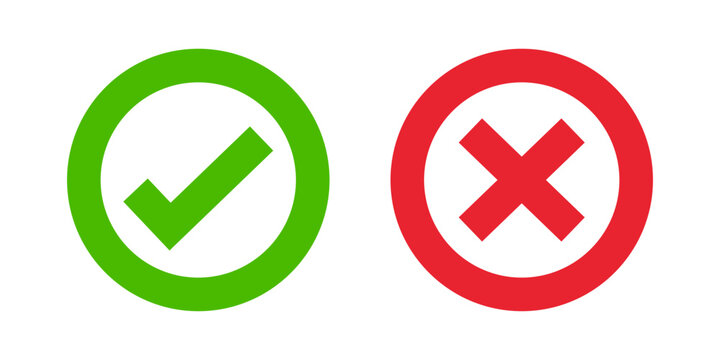 Right and wrong buttons. Yes or no check mark icons in green tick box and red cross. Set of red X and green check mark. 
Tick and X mark icon for apps and websites