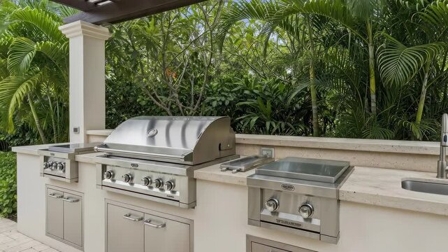 Tropical outdoor kitchen setup with stainless steel appliances and lush greenery