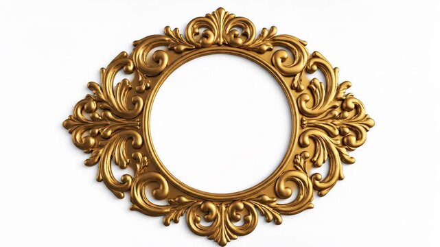 antique golden oval frame with white copy space. ornate baroque floral pattern decoration. luxury vintage border for painting or mirror. classic art style background.