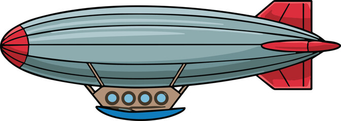 Gray and red airship with blue gondola and windows flying in the sky © Frd Art