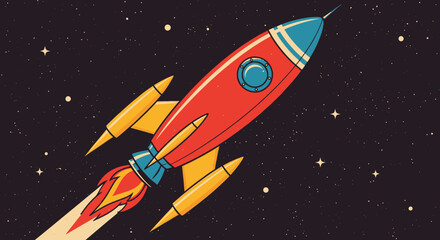 Fototapeta premium Red Cartoon Rocket Ship Flying Through Space.