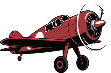 Red and black vintage biplane with spinning propeller and landing gear in motion airplane white © Frd Art