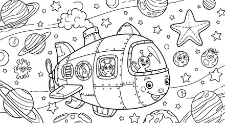 Cartoon Spacecraft Flying Through Outer Space Scene. © loxia stock image