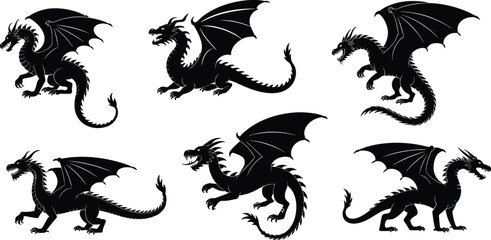 Obraz premium Six black silhouette dragons with wings and tails in various dynamic poses on a white background