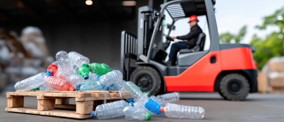 Plastic waste and recycled bottles being moved by a forklift in a storage warehouse with warm lighting and soft colors in a close view