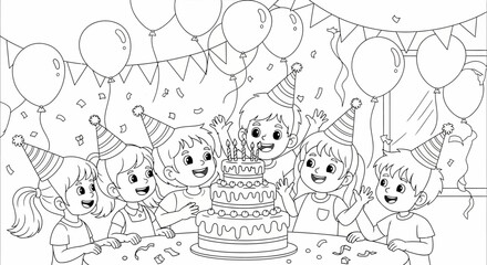 Fototapeta premium Children Celebrating Birthday with Cake.