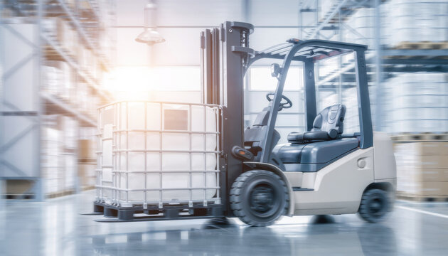 Forklift transporting ibc in a modern distribution warehouse