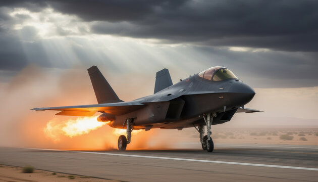 Stealth fighter jet taking off with afterburner fire