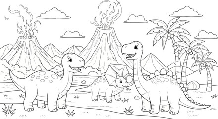 Three Dinosaurs Standing Near Volcanoes Illustration. © loxia stock image