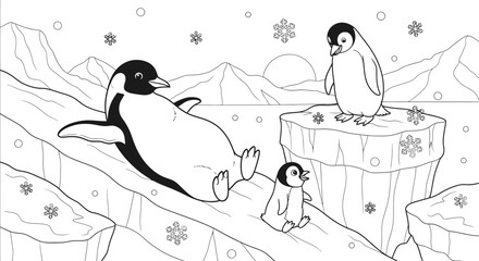 Penguins Illustration with Snowflakes and Icebergs. © loxia stock image