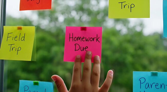 Child's hand reaching for a sticky note reminding of homework due, surrounded by other tasks.