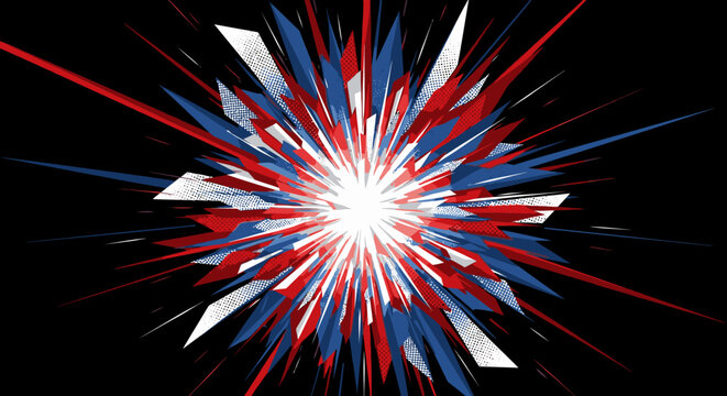 Abstract geometric explosion with red white and blue elements on black background