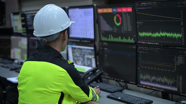 Professional engineer monitoring complex data systems on multiple screens in modern control center. Male worker analyzing digital charts and graphs for security and automation performance.