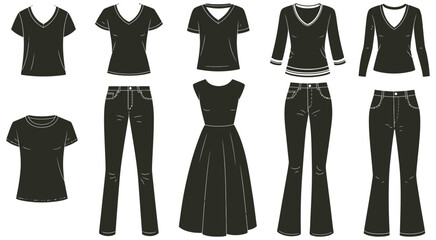 Black and White Vector Fashion Illustration Set, Women&rsquo;s Basic Clothing Icons with V-Neck Shirts, Long Sleeve Tops, Denim Jeans, and Summer Dress Outline Collection