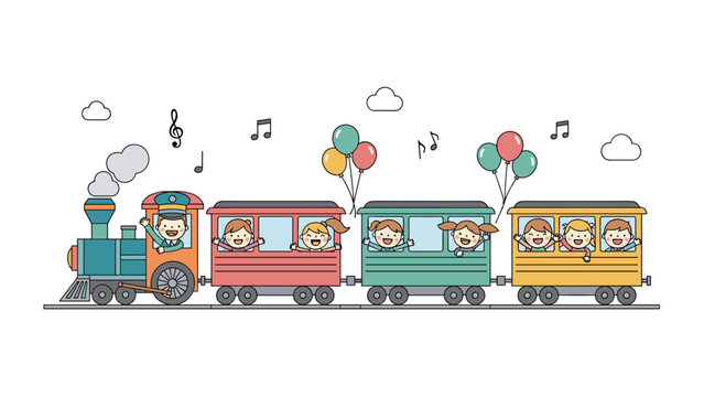Group of happy children waving from the windows of a colorful toy steam train driven by a friendly conductor under a musical sky.